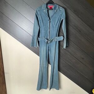 Hot Kiss Y2K Denim Zip Front Belted Flare Leg Jumpsuit Small Blue Stretch